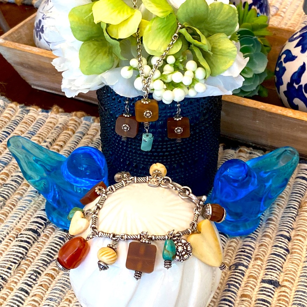 Brighton BOHO NATURAL ELEMENTS Turquoise Wood Ivory Necklace Bracelet Earrings